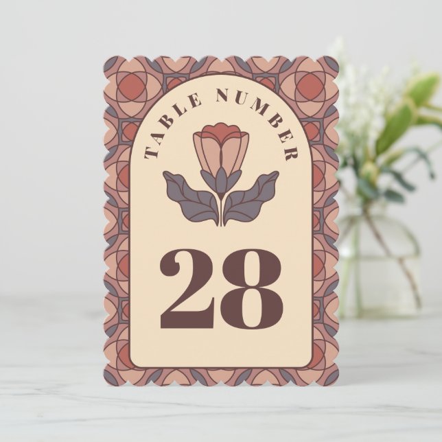 Art Deco Bröllops Bord Nummer Kort Retro Blommig (Stående Fram)