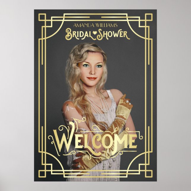 Art Deco Bröllopsdusch Lägg till ditt foto Guld vä Poster (Framsidan)