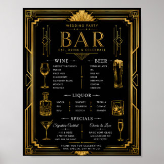 Art Deco Bröllopsfest Bar Viner Öl Sprit Meny Poster