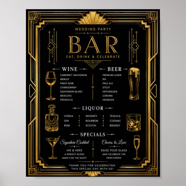 Art Deco Bröllopsfest Bar Viner Öl Sprit Meny Poster (Framsidan)