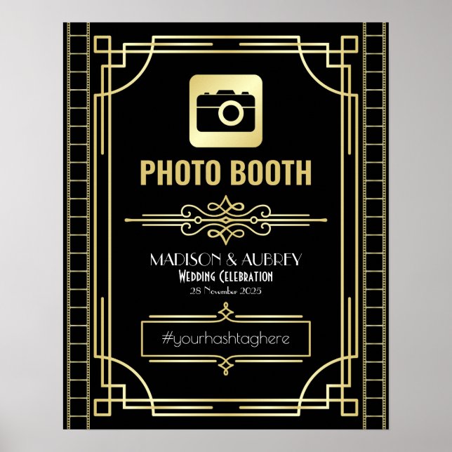 Art Deco Bröllopsfotobås Guld Svart Festsignål Poster (Framsidan)