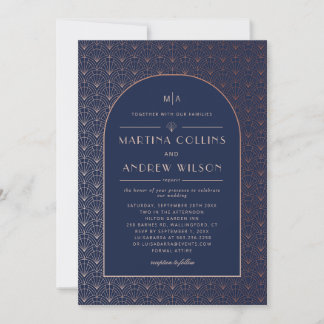 Art Deco bröllopsinbjudan Navy Blue Inbjudningar