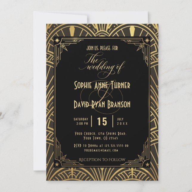 Art Deco Bröllopsinbjudan Svart Guld Elegant Inbjudningar (Framsida)