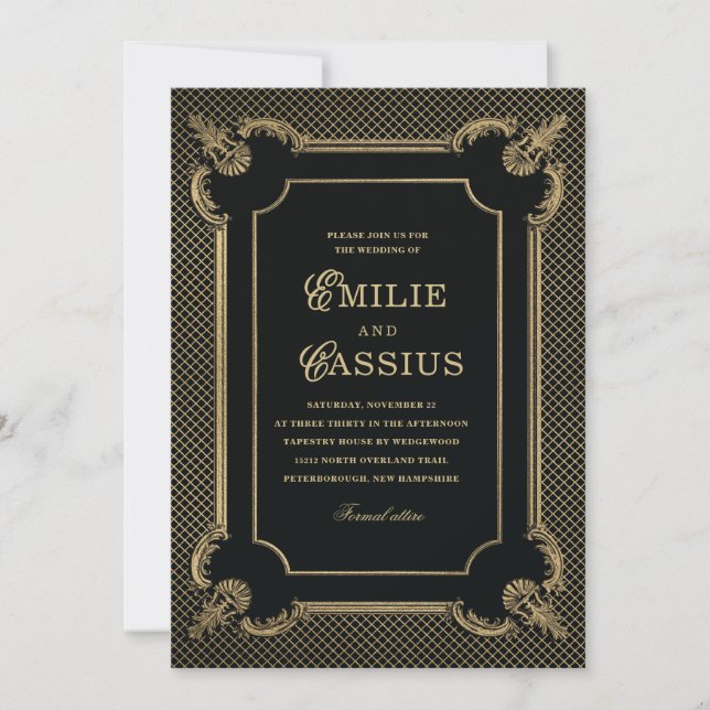 Art Deco bröllopsinbjudan svart guld Inbjudningar (Framsida)