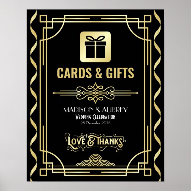 Art Deco Bröllopskort & Gifts Guld Black Sign Poster (Framsidan)