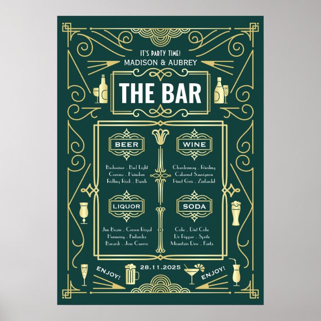 Art Deco Bröllopsmeny med öppen bar Guld Grön Fest Poster (Framsidan)