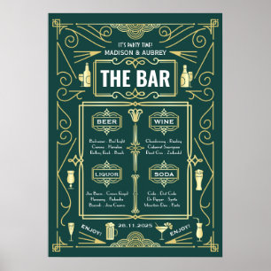 Art Deco Bröllopsmeny med öppen bar Guld Grön Fest Poster
