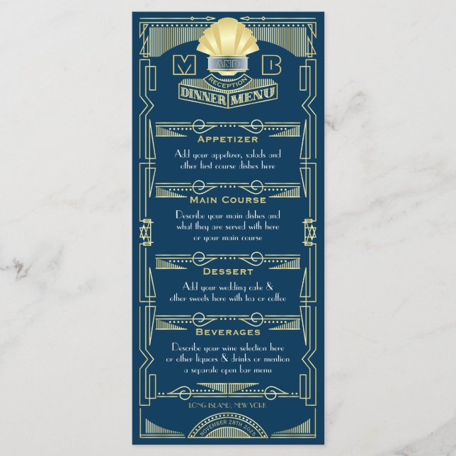 Art Deco-bröllopsmottagning, Party Guld Blue Meny (Framsida)