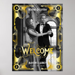 Art Deco Bröllopsmottagning Välkommen Guld Foto Poster