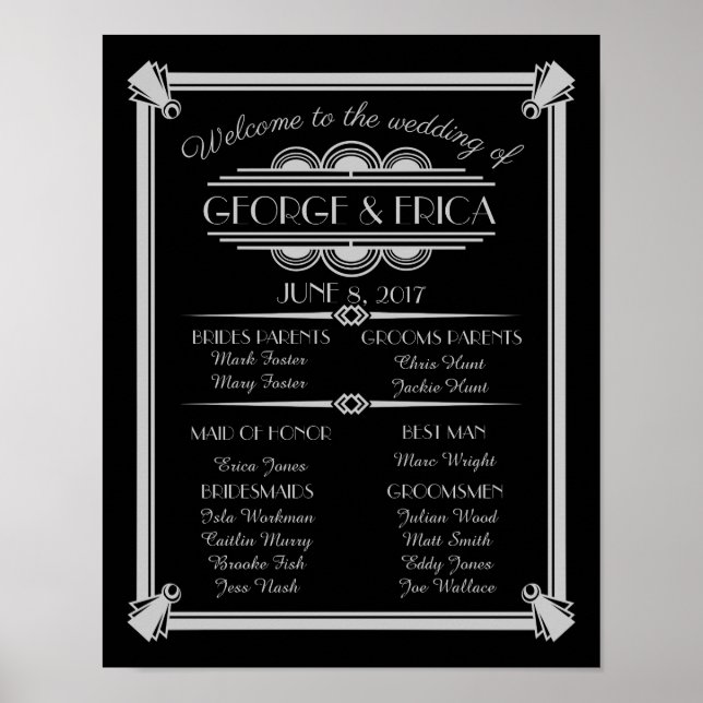 Art Deco-bröllopsprogrammet, bröllopsfest silver Poster (Framsidan)