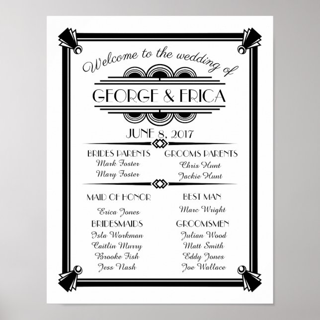 Art Deco-bröllopsprogrammet, bröllopsfest silver Poster (Framsidan)