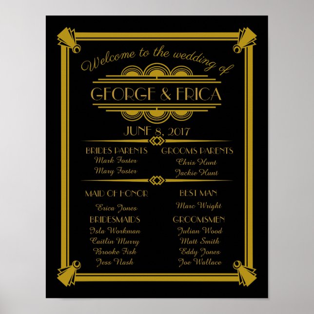 Art Deco-bröllopsprogrammet, bröllopsfest silver Poster (Framsidan)