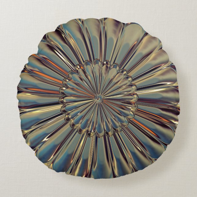 Art deco bronze metallblomsmedallion rund kudde (Framsidan)