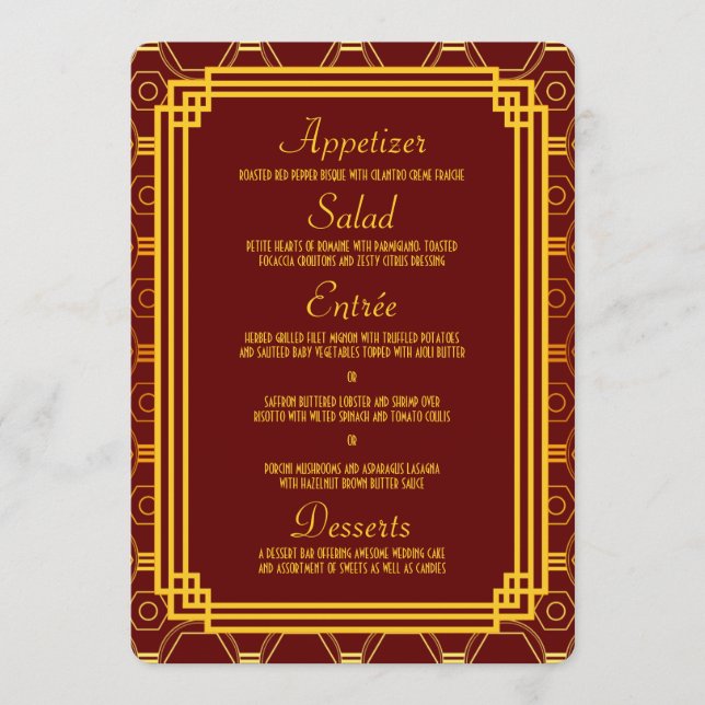 Art Deco Burgundy Bröllop Menu Meny (Framsida)