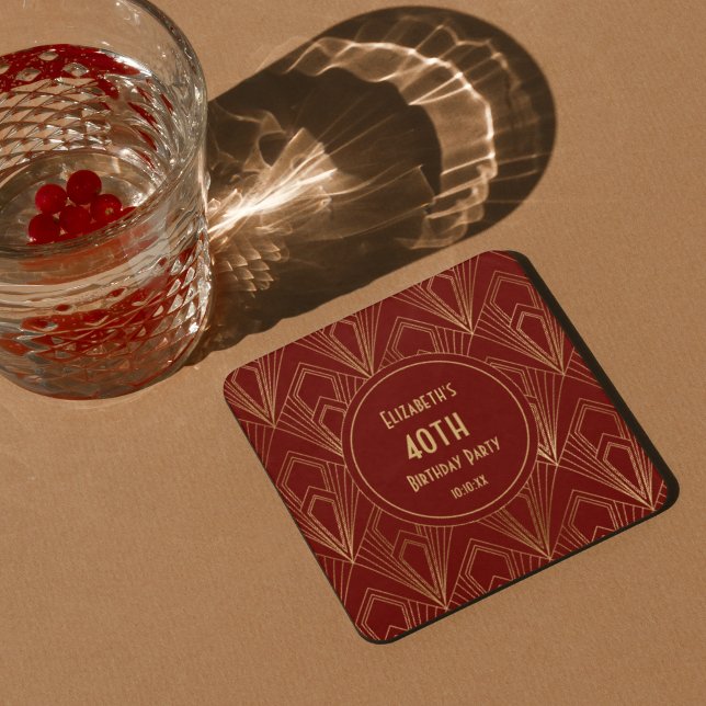 Art Deco Burgundy & Guld 40:e födelsedagen Party Underlägg Papper Kvadrat (Skapare uppladdad)