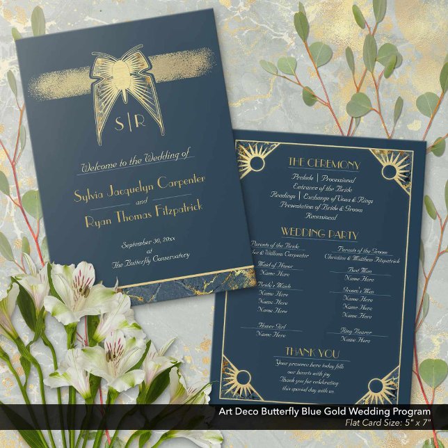 Art Deco Butterfly Blue Guld Bröllopsprogram Spara Datumet (Art Deco Butterfly Navy Blue and Antique Gold Wedding Ceremony Program: 5" x 7" Flat Card)