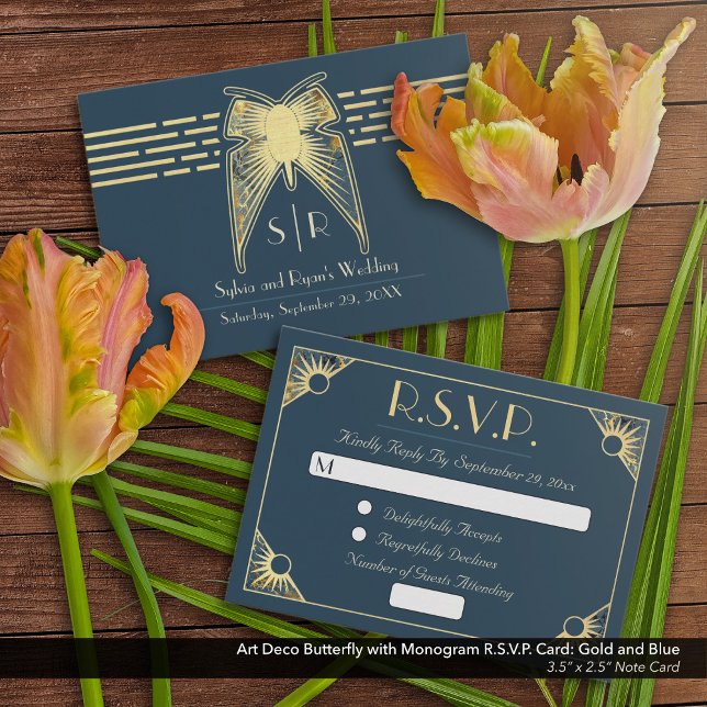 Art Deco Butterfly Blue Guld OSA Anteckningskort (Art Deco Butterfly Blue and Gold RSVP Note Card )