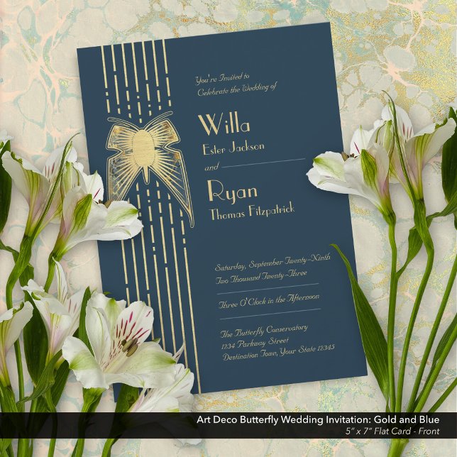 Art Deco Butterfly Blue och Guld Bröllop Inbjudningar (Art Deco Butterfly Blue and Gold Wedding Invitation - Front)