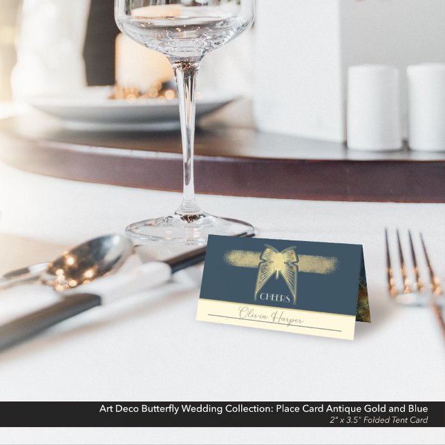 Art Deco Butterfly Bröllop Antique Guld Blue Tält Placeringskort (Art Deco Butterfly Wedding Place Card Antique Gold and Blue with Marble Details.)