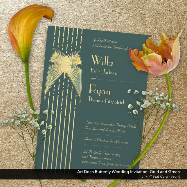 Art Deco Butterfly Grönt och Guld Bröllop Inbjudningar (Art Deco Butterfly Green and Gold Wedding Invitation - Front)