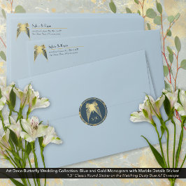 Art Deco Butterfly Monogram Blue Guld Marble Runt Klistermärke