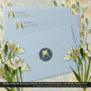 Art Deco Butterfly Monogram Blue Guld Marble Runt Klistermärke