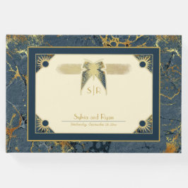 Art Deco Butterfly Monogram Blue och Guld Bröllop Gästböcker
