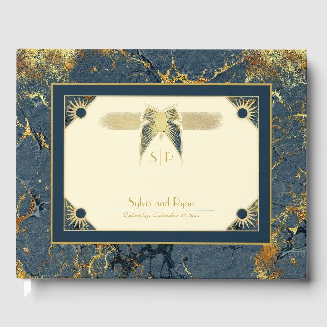 Art Deco Butterfly Monogram Blue och Guld Bröllop Gästböcker (Framsida)