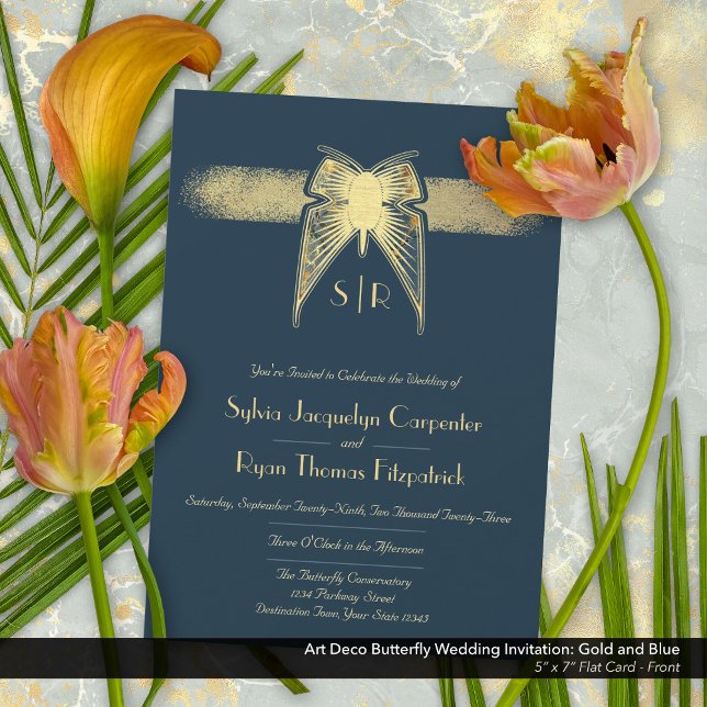 Art Deco Butterfly Monogram Blue och Guld Bröllop Inbjudningar (Art Deco Butterfly Monogram Blue and Gold Wedding Invitation - Front)
