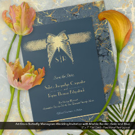 Art Deco Butterfly Monogram Blue och Guld Bröllop Spara Datumet