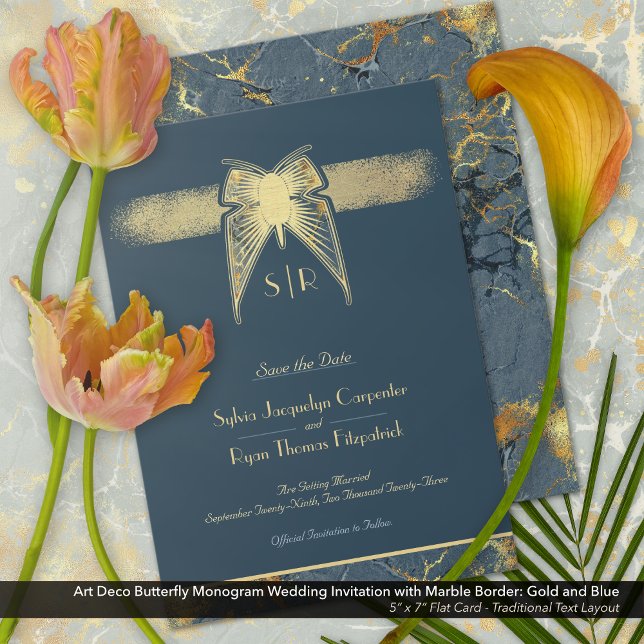 Art Deco Butterfly Monogram Blue och Guld Bröllop Spara Datumet (Art Deco Butterfly Wedding Save-the-Date Card with Traditional Text Layout)