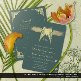 Art Deco Butterfly Monogram Grönt Guld Bröllop Inbjudningar