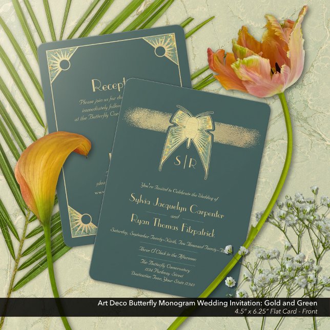 Art Deco Butterfly Monogram Grönt Guld Bröllop Inbjudningar (Art Deco Butterfly Monogram Green Gold Wedding Invitation - Front)