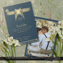 Art Deco Butterfly Monogram Photo Blue Guld Flat Tack Kort
