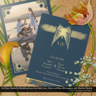 Art Deco Butterfly Monogram Photo Blue Guld Spara Datumet