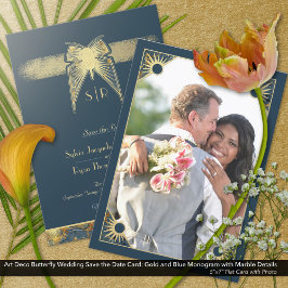 Art Deco Butterfly Monogram Photo Blue Guld Spara Datumet