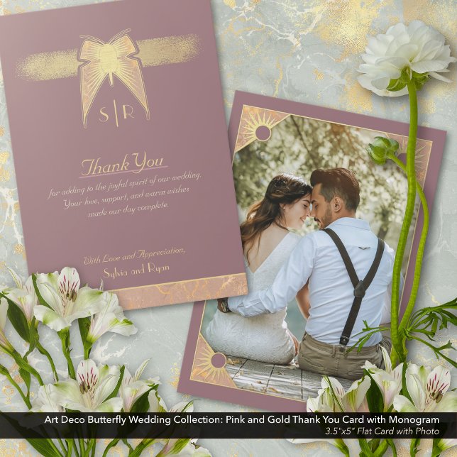 Art Deco Butterfly Monogram Photo Rosa Guld Flat Tack Kort (Art Deco Butterfly Wedding Thank You Card: Antique Gold and Dusty Pink/Mauve with Monogram)