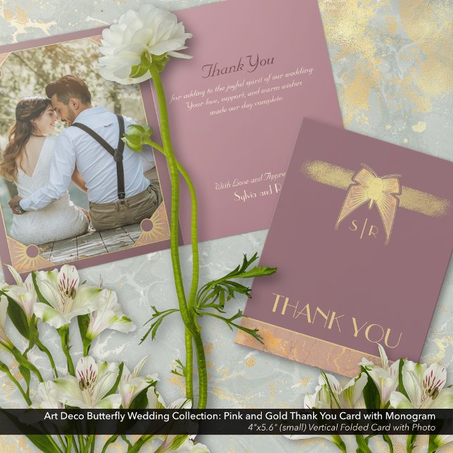 Art Deco Butterfly Monogram Photo Rosa Guld Tack Kort (Art Deco Butterfly Wedding Thank You Card: Antique Gold and Dusty Pink/Mauve with Monogram)