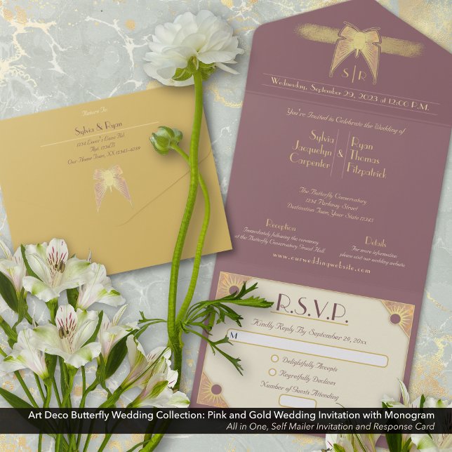 Art Deco Butterfly Monogram Rosa Guld Bröllop (Art Deco Butterfly All In One Wedding Invitation: Antique Gold and Dusty Pink/Mauve with Monogram.)