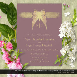 Art Deco Butterfly Monogram Rosa och Guld Bröllop Inbjudningar