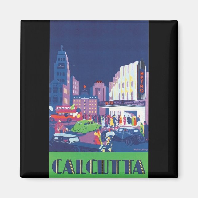 Art Deco Calcutta City Theater Scene High Contrast Magnet (Framsidan)