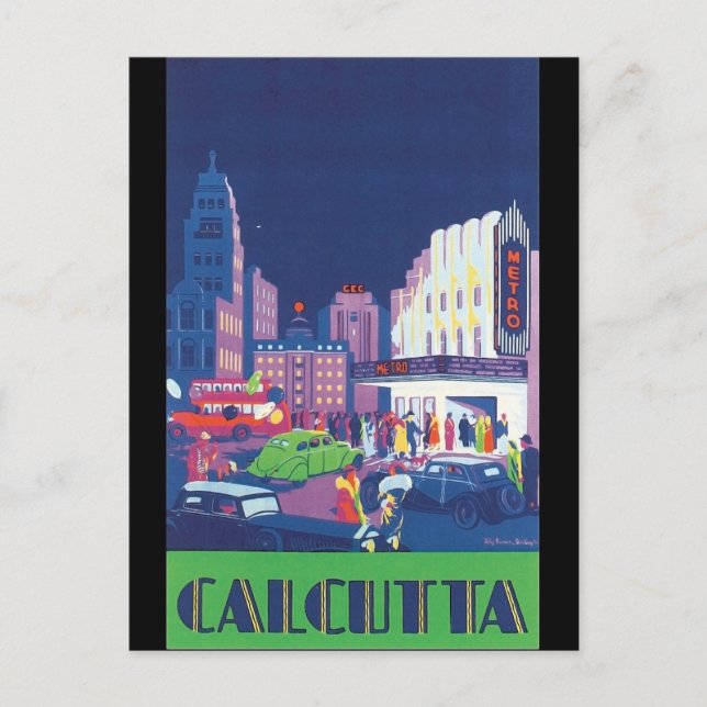 Art Deco Calcutta City Theater Scene High Contrast Vykort (Framsida)