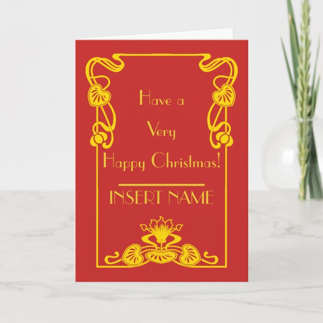 Art Deco Calligraphy Red Guld jul Kort (Framsida)