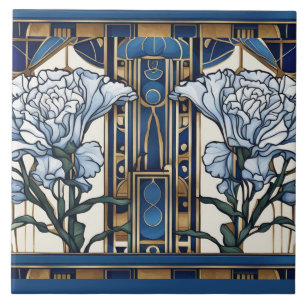 Art Deco Carnation Flowers Art nouveau Blue Blommi Kakelplatta