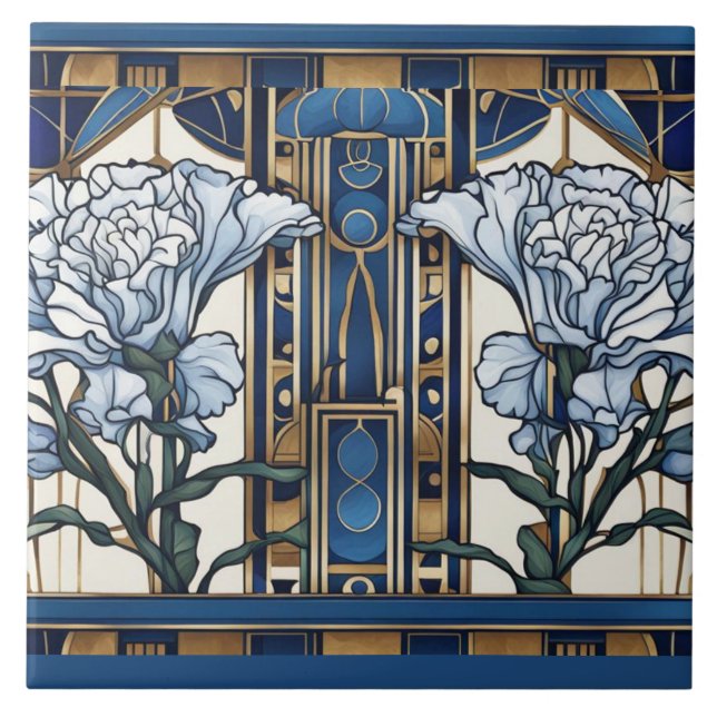 Art Deco Carnation Flowers Art nouveau Blue Blommi Kakelplatta (Framsidan)