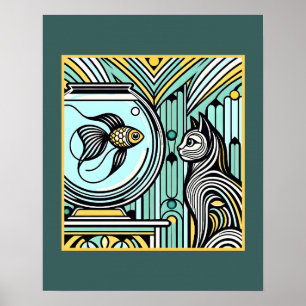 Art Deco Cat and Fish Encounter - Nyfikna Ögon Poster