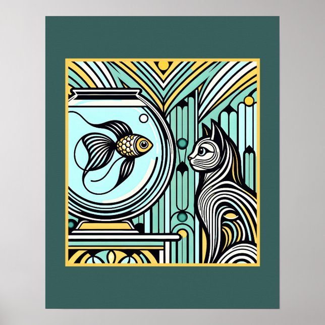 Art Deco Cat and Fish Encounter - Nyfikna Ögon Poster (Framsidan)