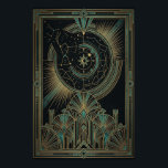 Art Deco Celestial Astrolabe Affisch | Guld Teal<br><div class="desc">Utforska kosmos mysterier med "Aura Celestial" Astrolabe-affischen. Denna intrikata design har en central himlakropp,  komplett med kretsande planeter och en halvmåne stjärna,  omgiven av detaljerade kartor över stjärnbilder. Under himlen sitter en stor,  symmetrisk Art Deco-struktur bestående av eleganta fläktmotiv och svävande valv.</div>