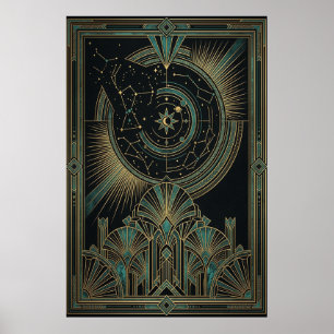Art Deco Celestial Astrolabe Affisch Guld Teal