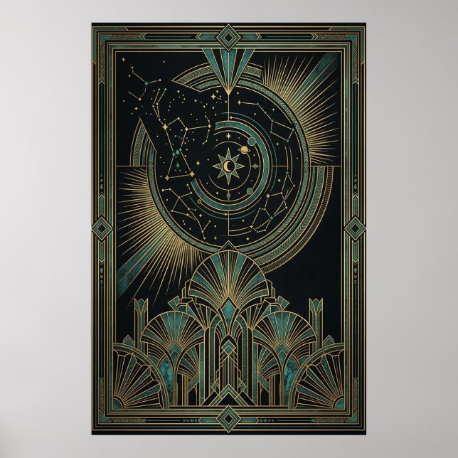 Art Deco Celestial Astrolabe Affisch | Guld Teal (Framsidan)